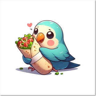 cute love birds are eating Mexican specialties, Tacos, Burritos, Enchiladas, Quesadillas, Guacamole, Fajitas, Chiles Rellenos, Tamales, Mole, Chilaquiles, Posters and Art